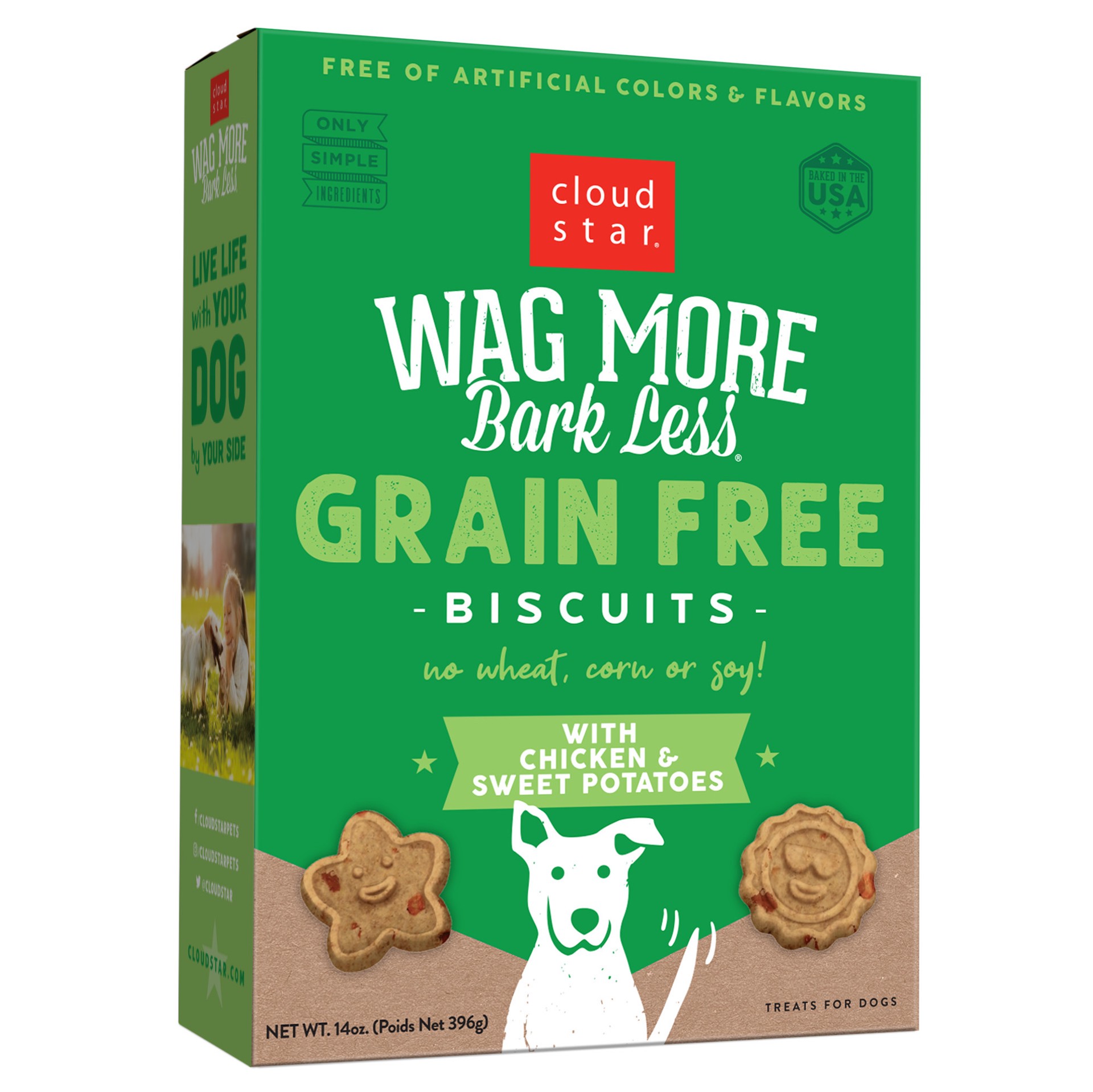 slide 1 of 10, Cloud Star Wag More Bark Less Crunchy Grain Free Dog Treats, Chicken & Sweet Potato, 14 oz. Box, 14 oz