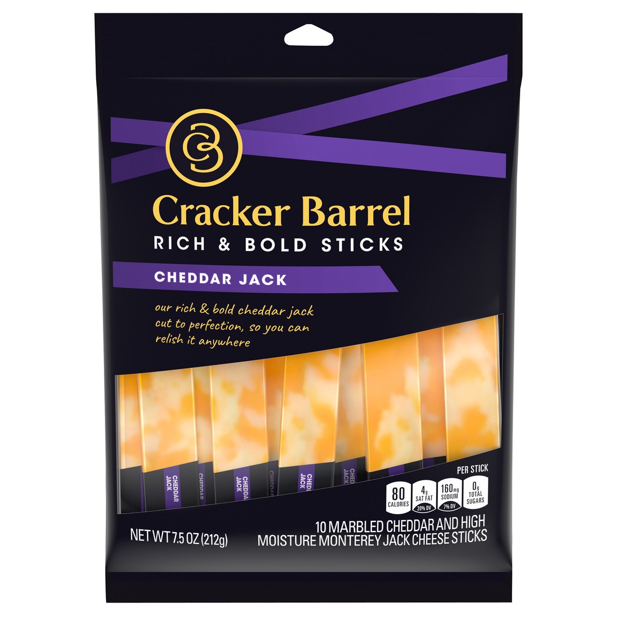 slide 1 of 6, Cracker Barrel Rich & Bold Cheddar Jack Marbled Cheese Snacks, 10 ct Sticks, 10 ct