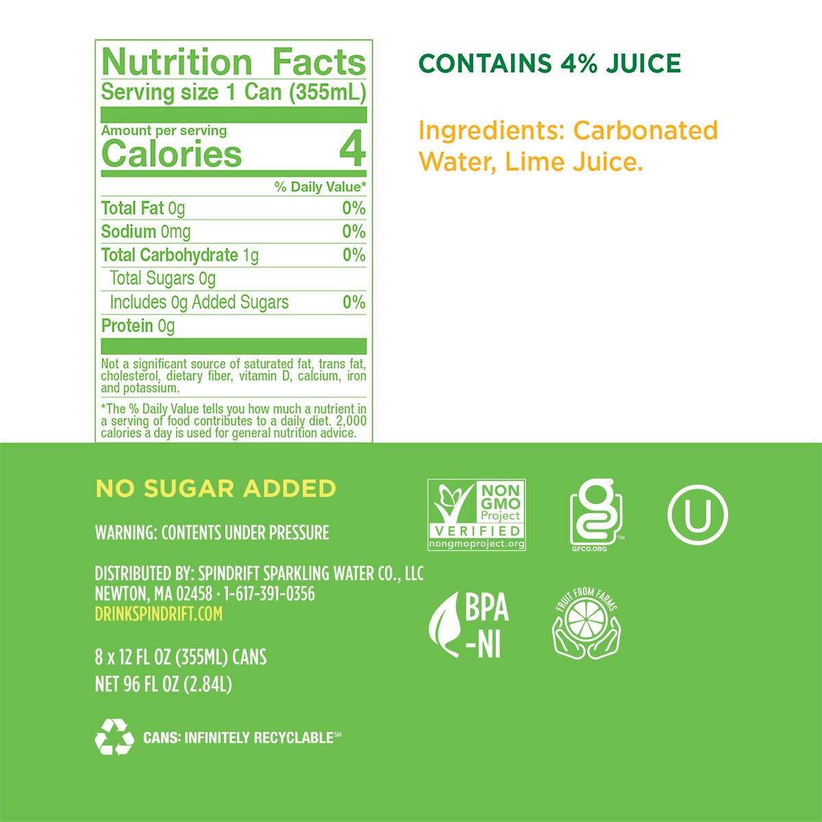 slide 6 of 7, Spindrift Lime Sparkling Water- 8 ct; 12 fl oz, 8 ct; 12 fl oz