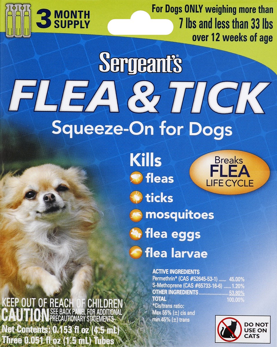 slide 4 of 4, Sergeant's Flea & Tick, Squeeze-On, for Dogs, 7 Pounds & Less than 33 Pounds, 3 ct