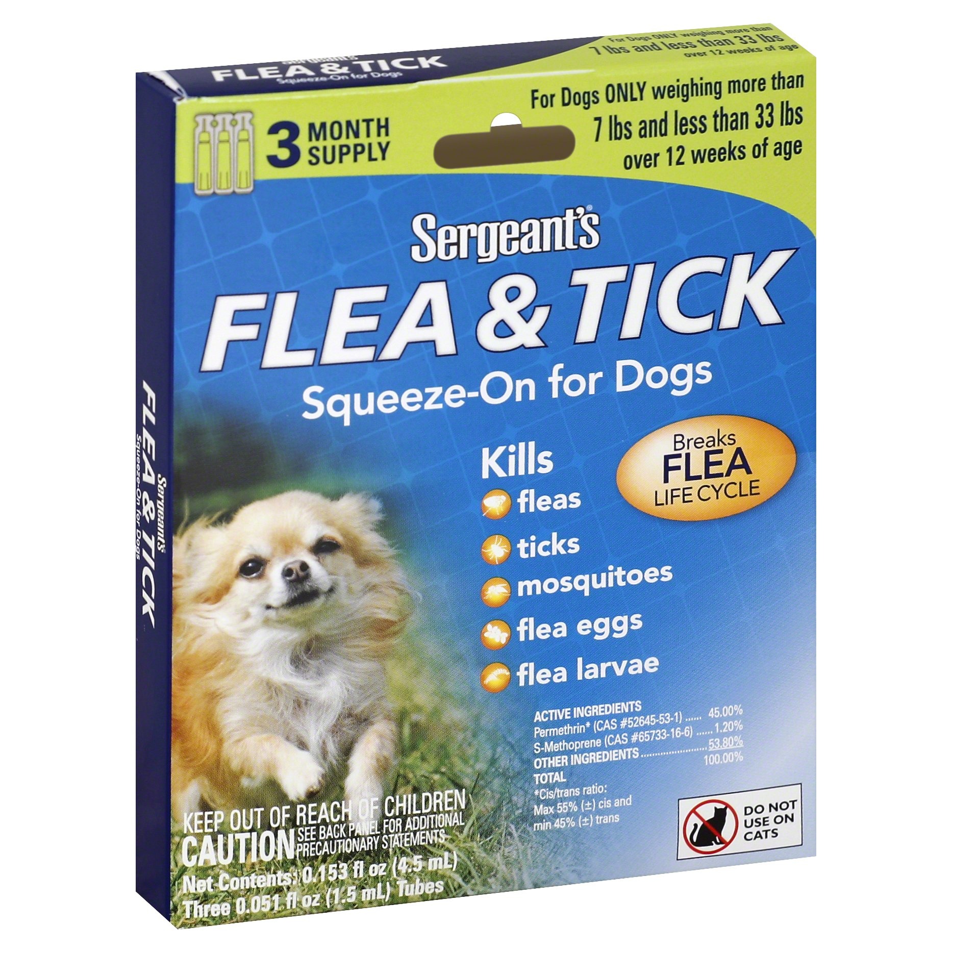 slide 1 of 4, Sergeant's Flea & Tick, Squeeze-On, for Dogs, 7 Pounds & Less than 33 Pounds, 3 ct