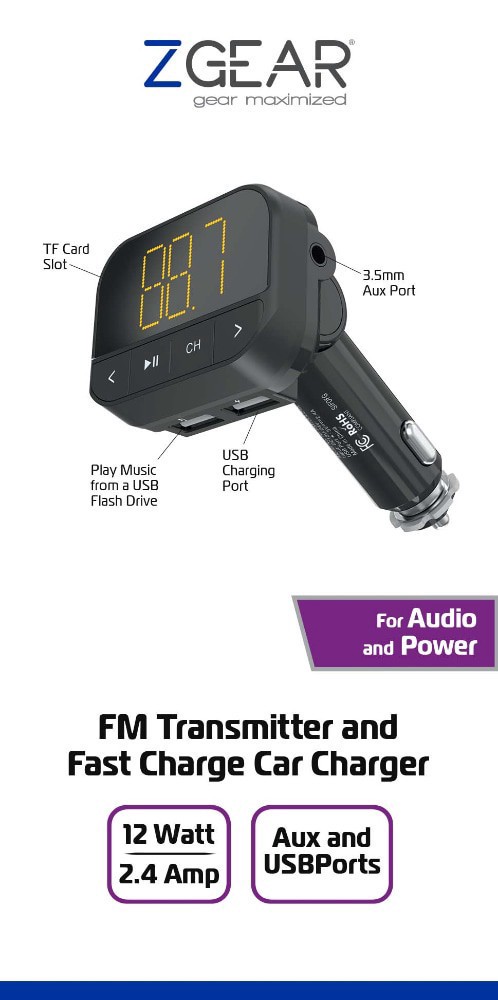slide 1 of 1, Zgear Fm Transmitter And Fast Charge Car Charger, 1 ct