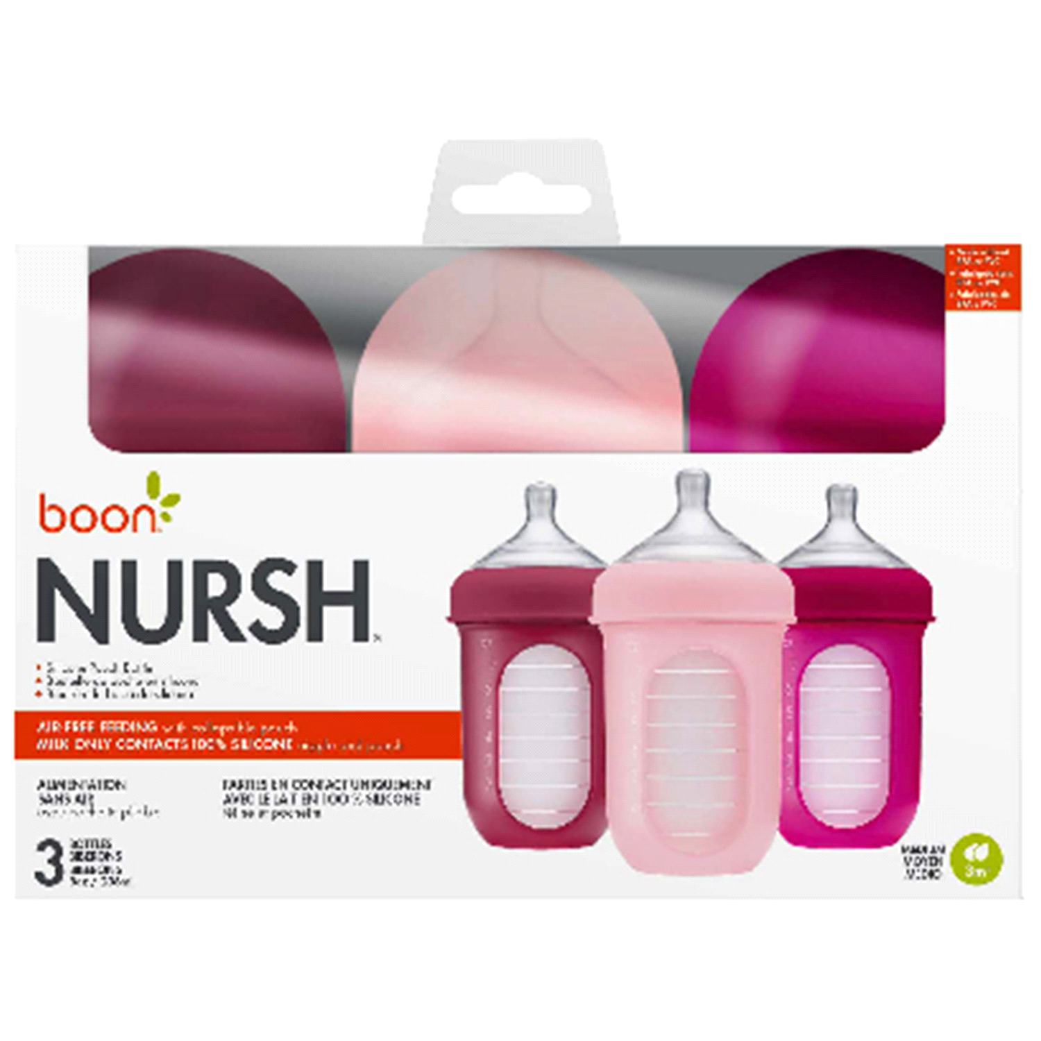 slide 1 of 4, Boon NURSH Reusable Silicone Pouch Bottles, Pink, 3 ct; 8 oz