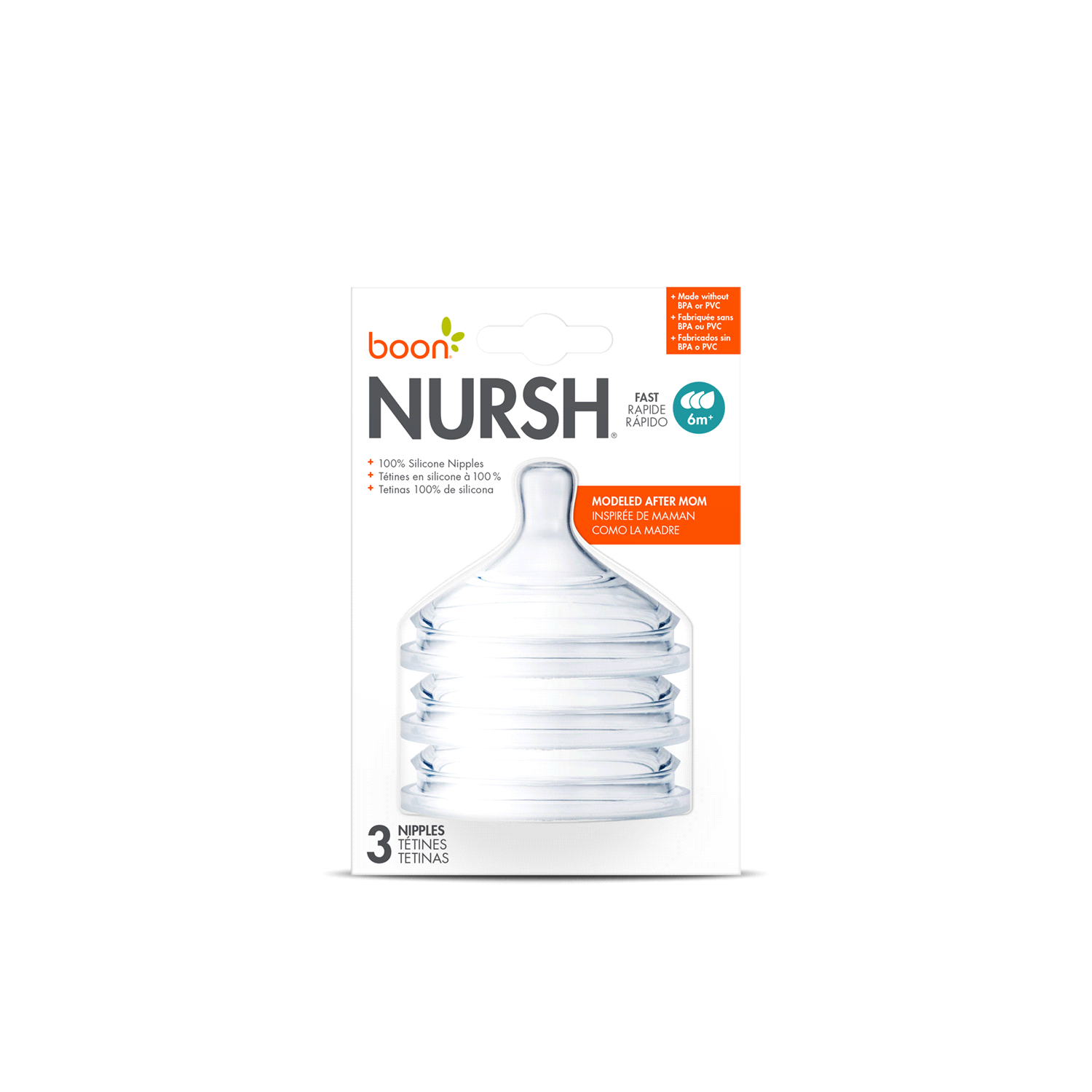 slide 4 of 5, Boon NURSH Nipples - 3pk Fast Flow, 3 ct