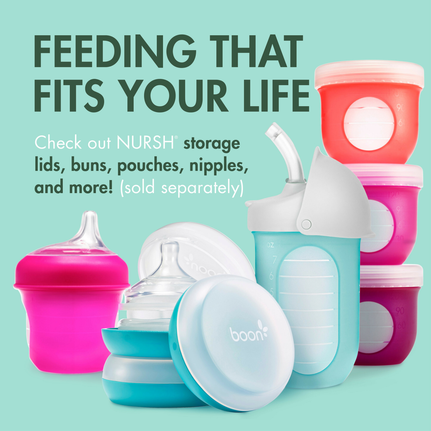 slide 6 of 8, Boon NURSH Reusable Baby Bottles with Platinum Food-Safe Silicone Stage 2 Medium Flow 8oz Mint Tie Dye, 8 oz