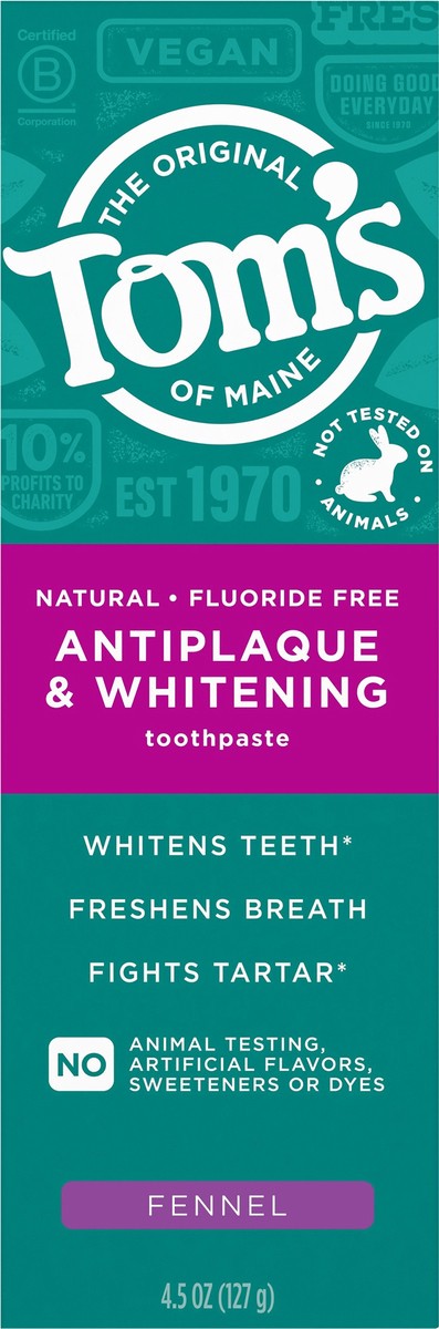 slide 10 of 11, Tom's of Maine Tom''s of Maine Antiplaque and Whitening Fluoride Free Toothpaste, Fennel Toothpaste, 4.5 oz