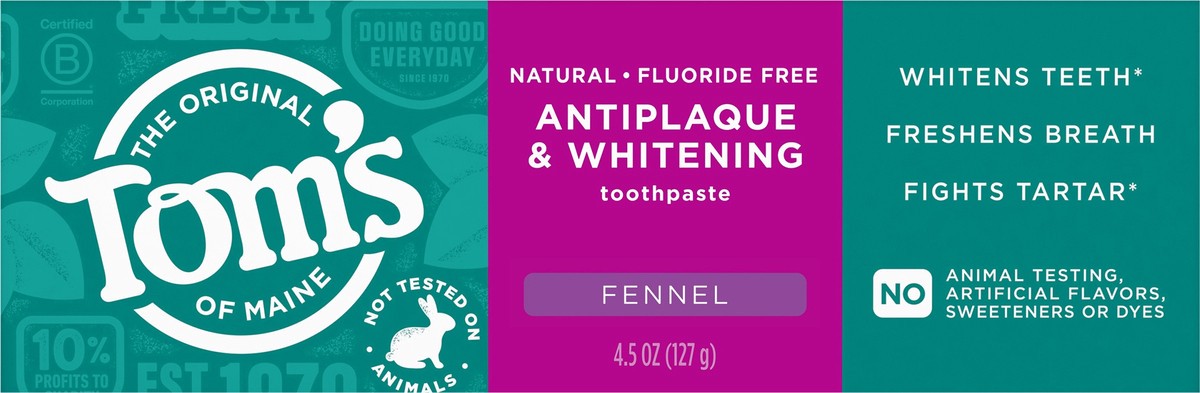 slide 8 of 11, Tom's of Maine Tom''s of Maine Antiplaque and Whitening Fluoride Free Toothpaste, Fennel Toothpaste, 4.5 oz