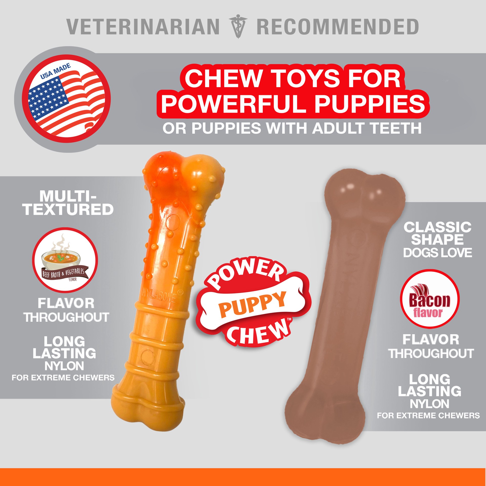 slide 3 of 10, Nylabone Tough Puppy Chew Bones Twin Pack Beef, Vegetable, & Bacon Small/Regular - Up to 25 Ibs.(2 Count), 2 ct