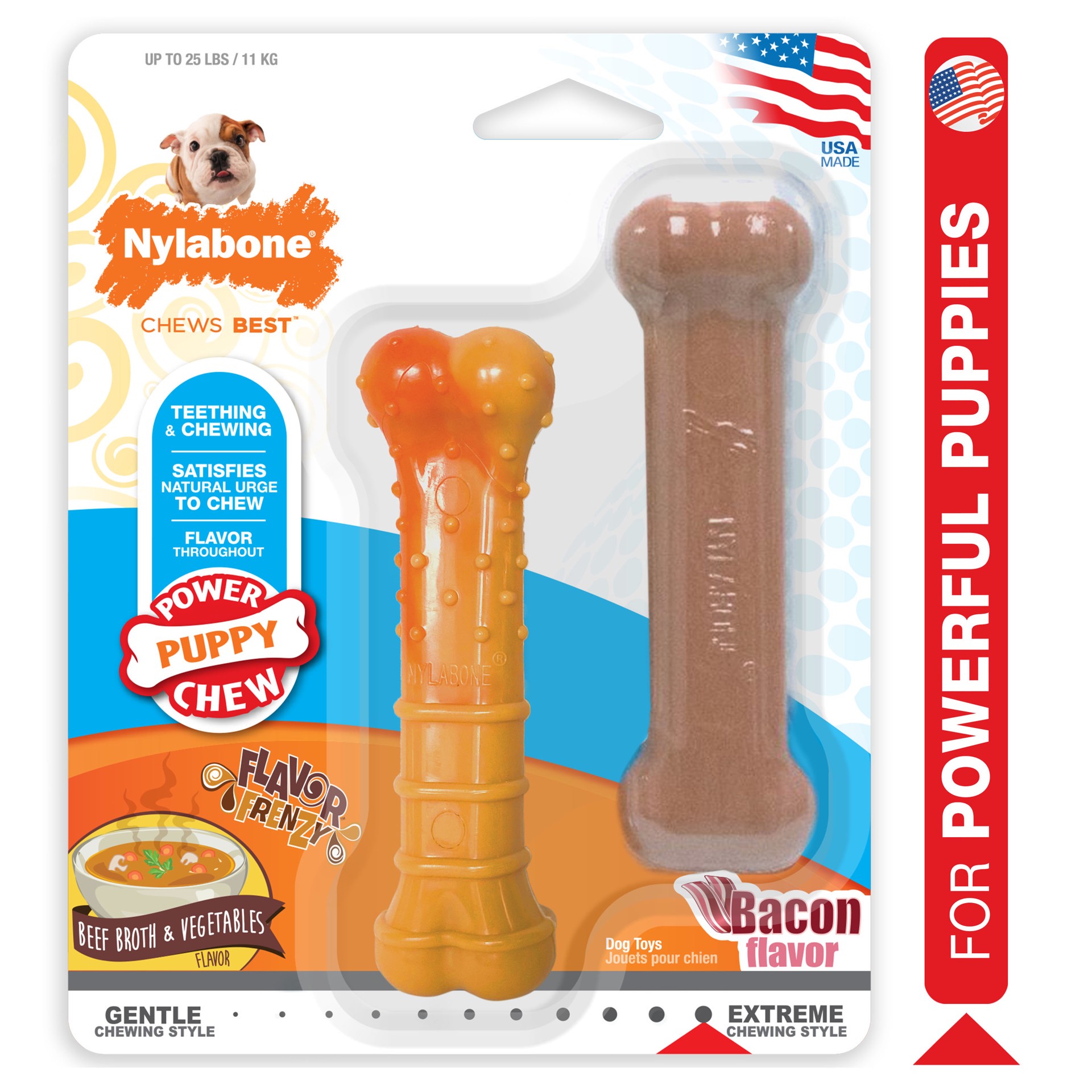 slide 2 of 10, Nylabone Tough Puppy Chew Bones Twin Pack Beef, Vegetable, & Bacon Small/Regular - Up to 25 Ibs.(2 Count), 2 ct
