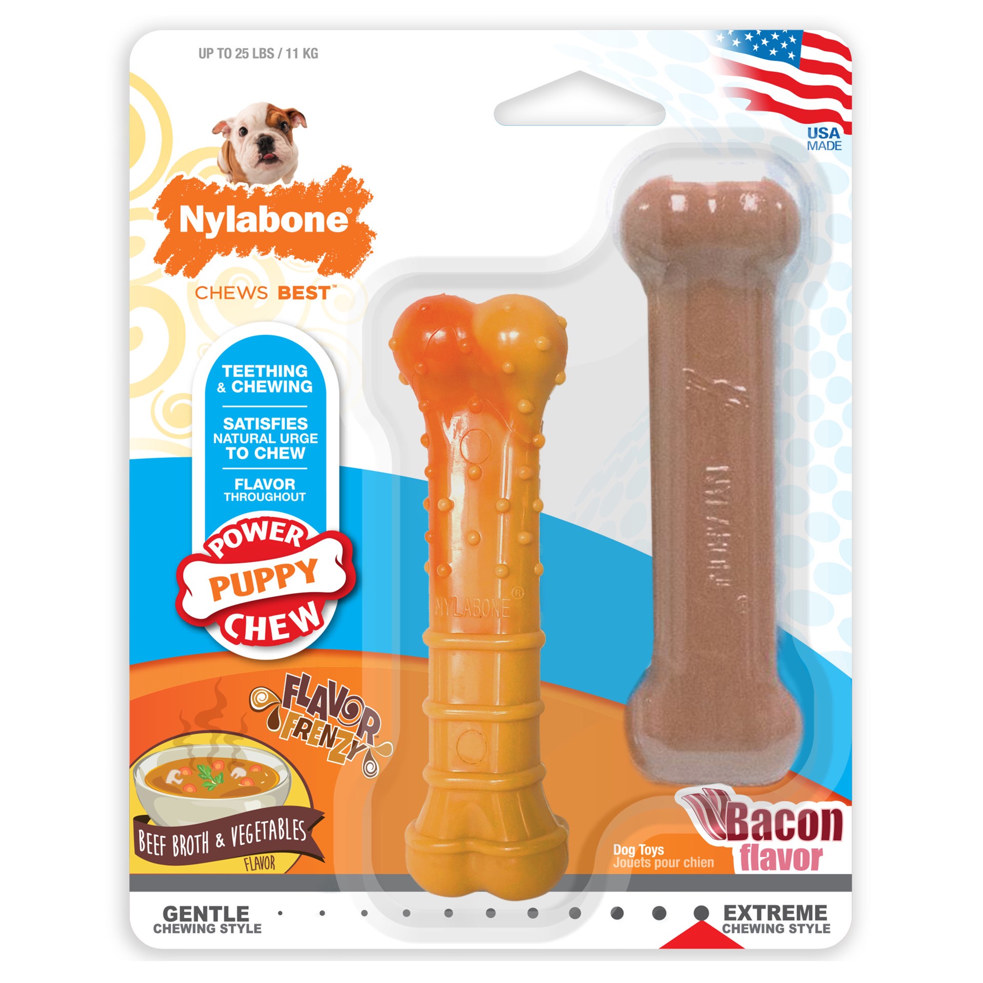 slide 1 of 10, Nylabone Tough Puppy Chew Bones Twin Pack Beef, Vegetable, & Bacon Small/Regular - Up to 25 Ibs.(2 Count), 2 ct