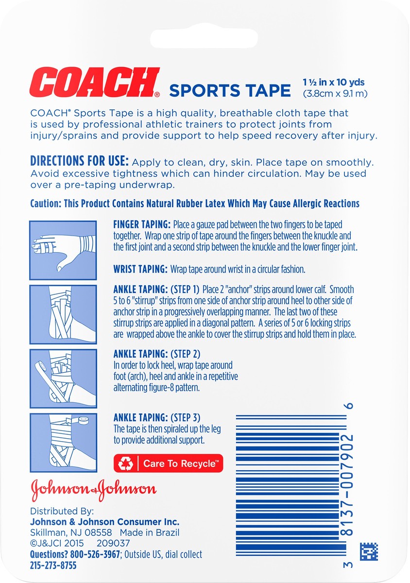 slide 3 of 7, Johnson & Johnson Coach Sports Tape, Breathable Cloth Tape to Support and Protect Joints, for Fingers, Wrists, and Ankles, 1.5 inches By 10 yards, 1 ct