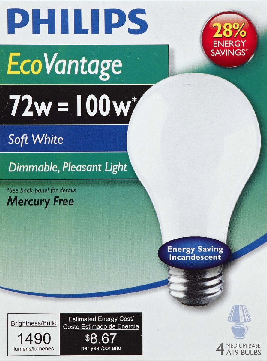 slide 4 of 4, Philips Ecovantage 72Watt 100Watt Medium Base A19 Light Bulbs, 4 ct