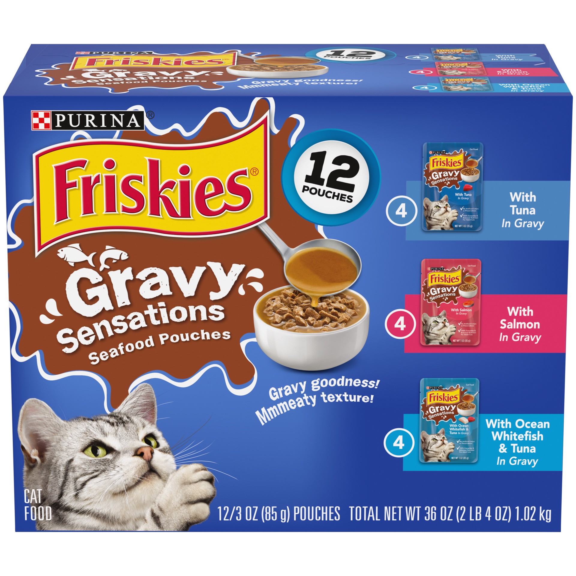 slide 1 of 7, Friskies Purina Friskies Gravy Wet Cat Food Variety Pack, Gravy Sensations Seafood Pouches, 12 ct; 3 oz