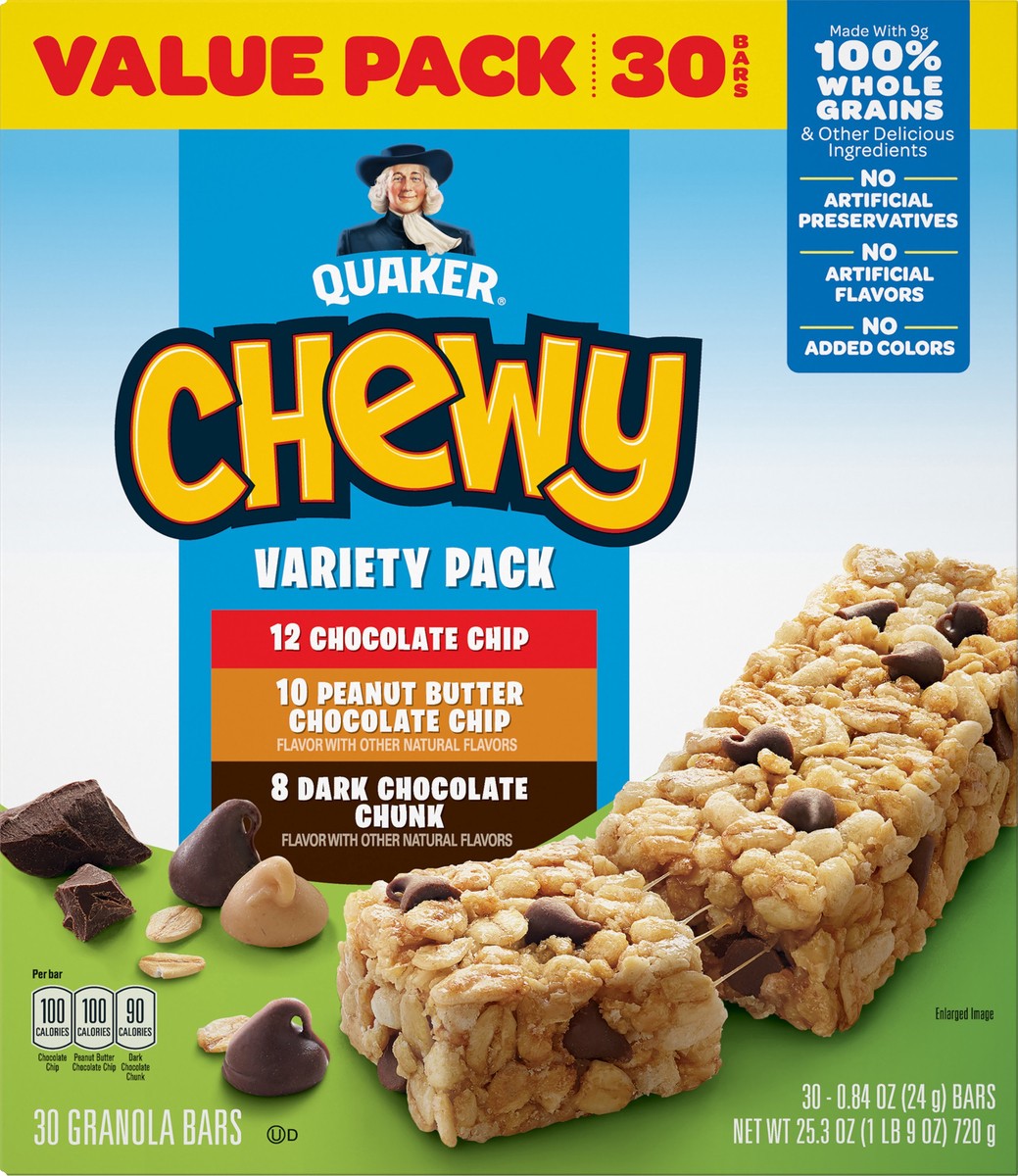 slide 1 of 3, Quaker Chewy 30 Pack Variety Pack Value Pack Chocolate Chip/Peanut Butter Chocolate Chip/Dark Chocolate Chunk Granola Bars 30 ea, 30 ct