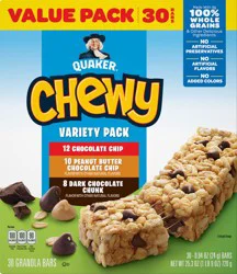 Quaker Chewy 30 Pack Variety Pack Value Pack Chocolate Chip/Peanut Butter Chocolate Chip/Dark Chocolate Chunk Granola Bars 30 ea