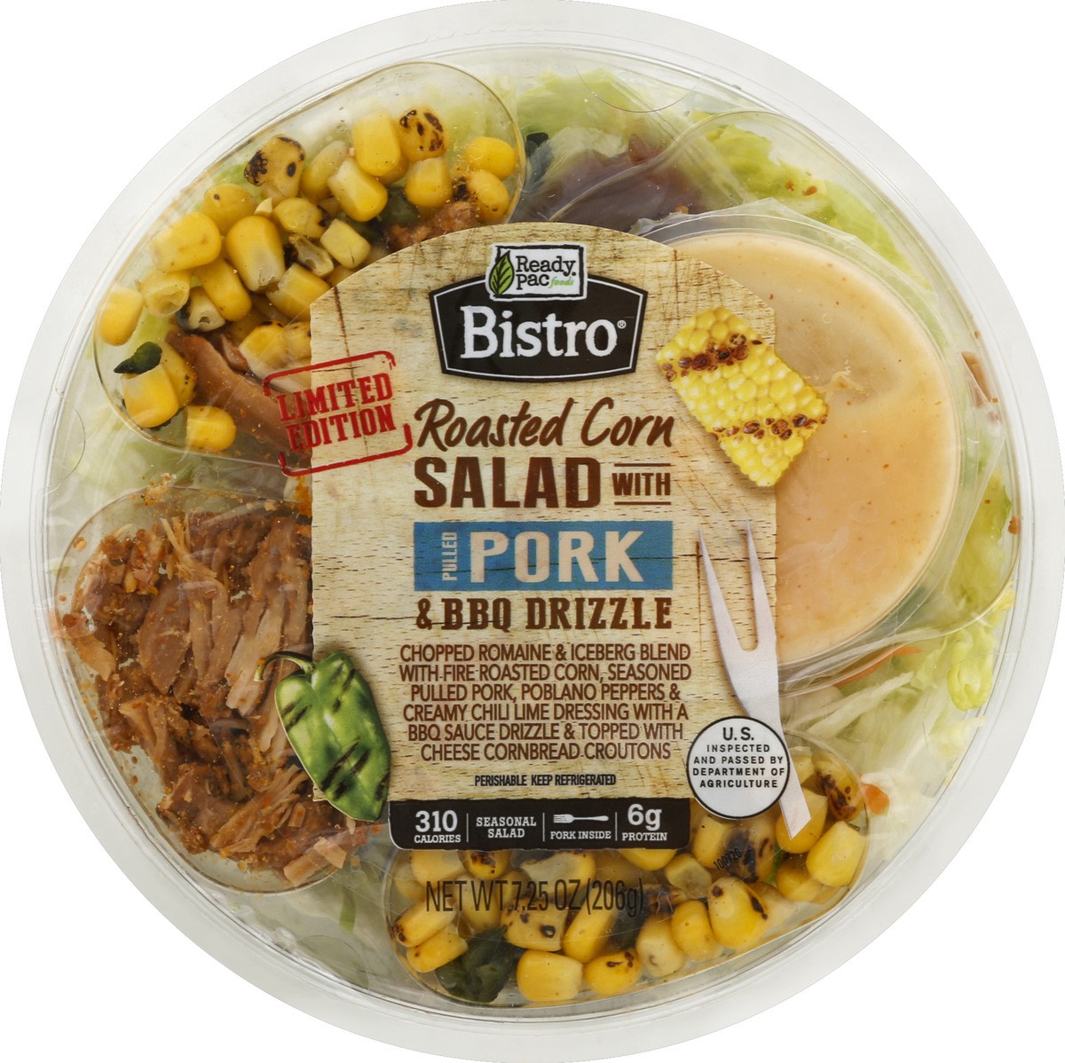 slide 3 of 3, Ready Pac Bistro Salad, Roasted Corn, With Pulled Pork & Bbq Drizzle, 7.25 oz