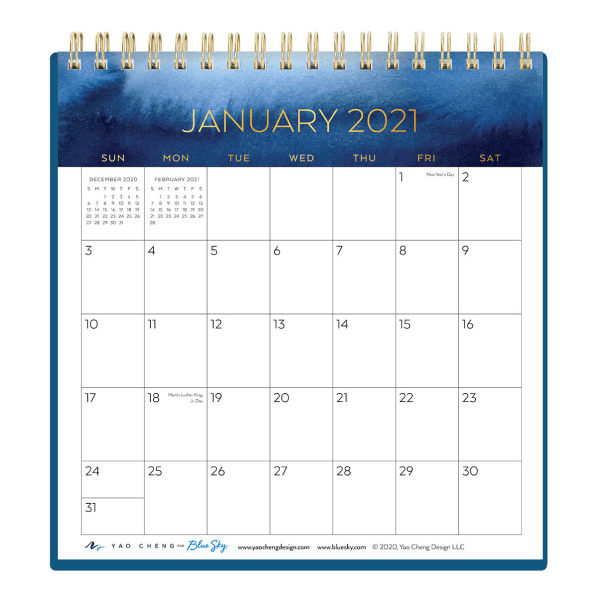 slide 1 of 1, Blue Sky Yao Cheng Monthly Desk Calendar, 6-1/16'' X 6-3/8'', Indigo Wash, January To December 2021, 122673, 1 ct