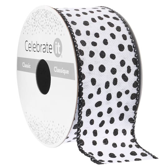 slide 1 of 2, 1.5" X 3yd. White & Black Faux Linen Wired Dots Ribbon By Celebrate It Classic, 1.5 in x 3 yd