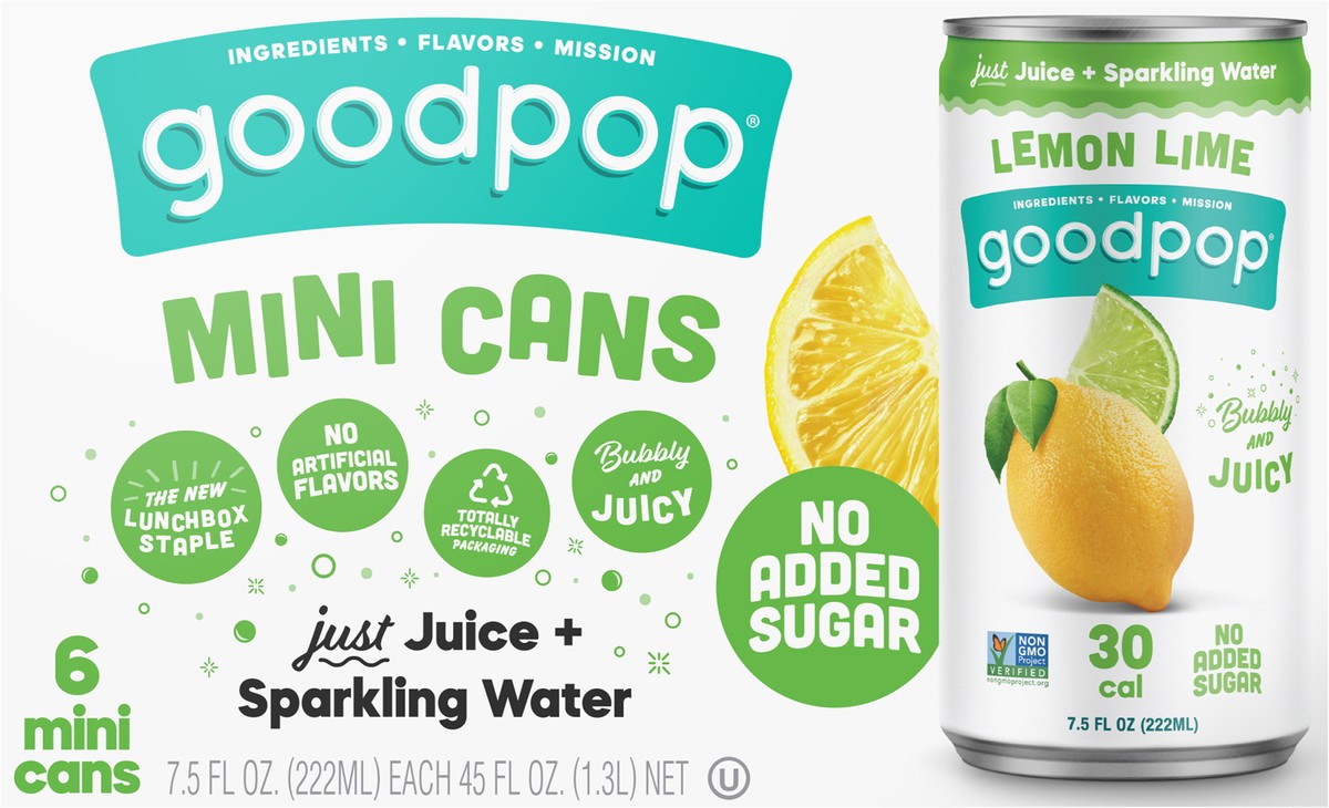 slide 4 of 6, GoodPop Lemon Lime Bubbly Juice Drinks, No Added Sugar, Mini Cans 7.5 oz, 6 Pk, 6 ct