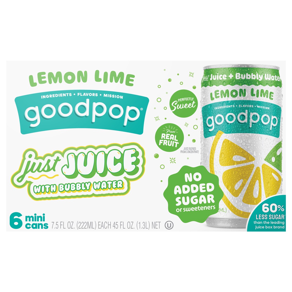 slide 1 of 6, GoodPop Lemon Lime Bubbly Juice Drinks, No Added Sugar, Mini Cans 7.5 oz, 6 Pk, 6 ct