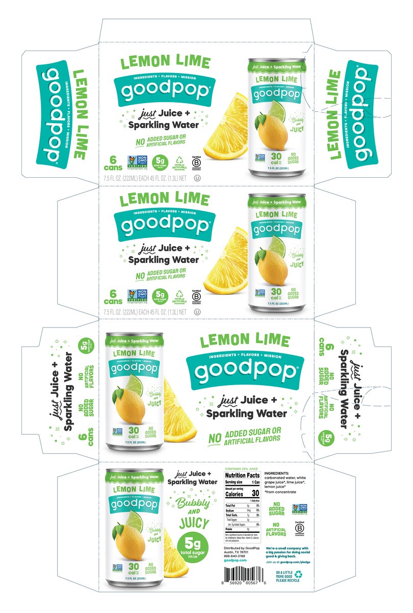 slide 5 of 6, GoodPop Lemon Lime Bubbly Juice Drinks, No Added Sugar, Mini Cans 7.5 oz, 6 Pk, 6 ct