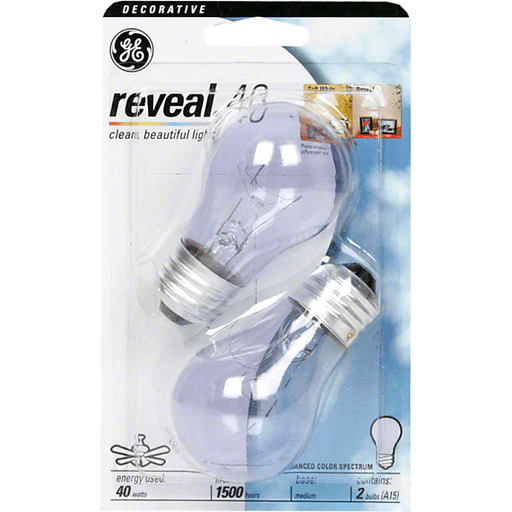 slide 1 of 1, GE Reveal 40watt A15 Medium Base Clear Ceiling Fan Light Bulbs, 2 ct