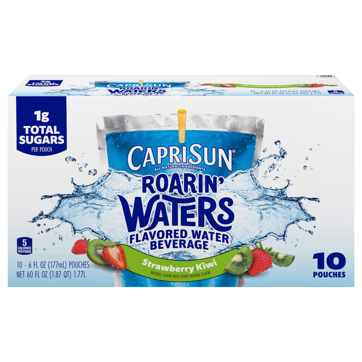 slide 1 of 5, Capri Sun Roarin' Waters Strawberry Kiwi Flavored with other natural flavor Water Beverage, 10 ct Box, 6 fl oz Drink Pouches, 10 ct