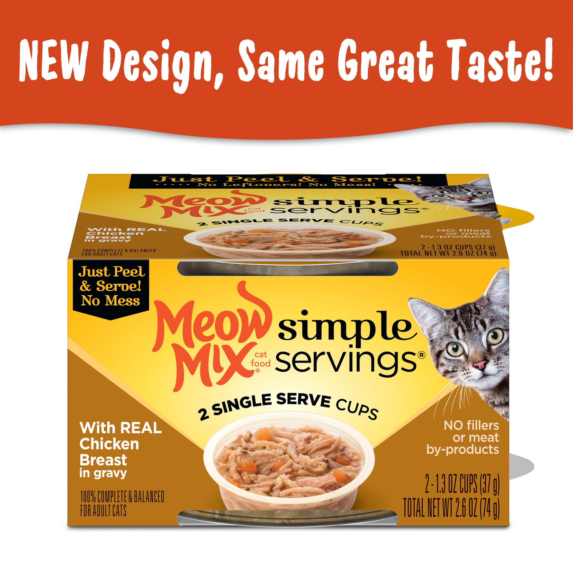 slide 4 of 8, Meow Mix Simple Servings Wet Cat Food with REAL Chicken Breast in Gravy, 1.3oz Cups, 2 ct., 2.6 oz