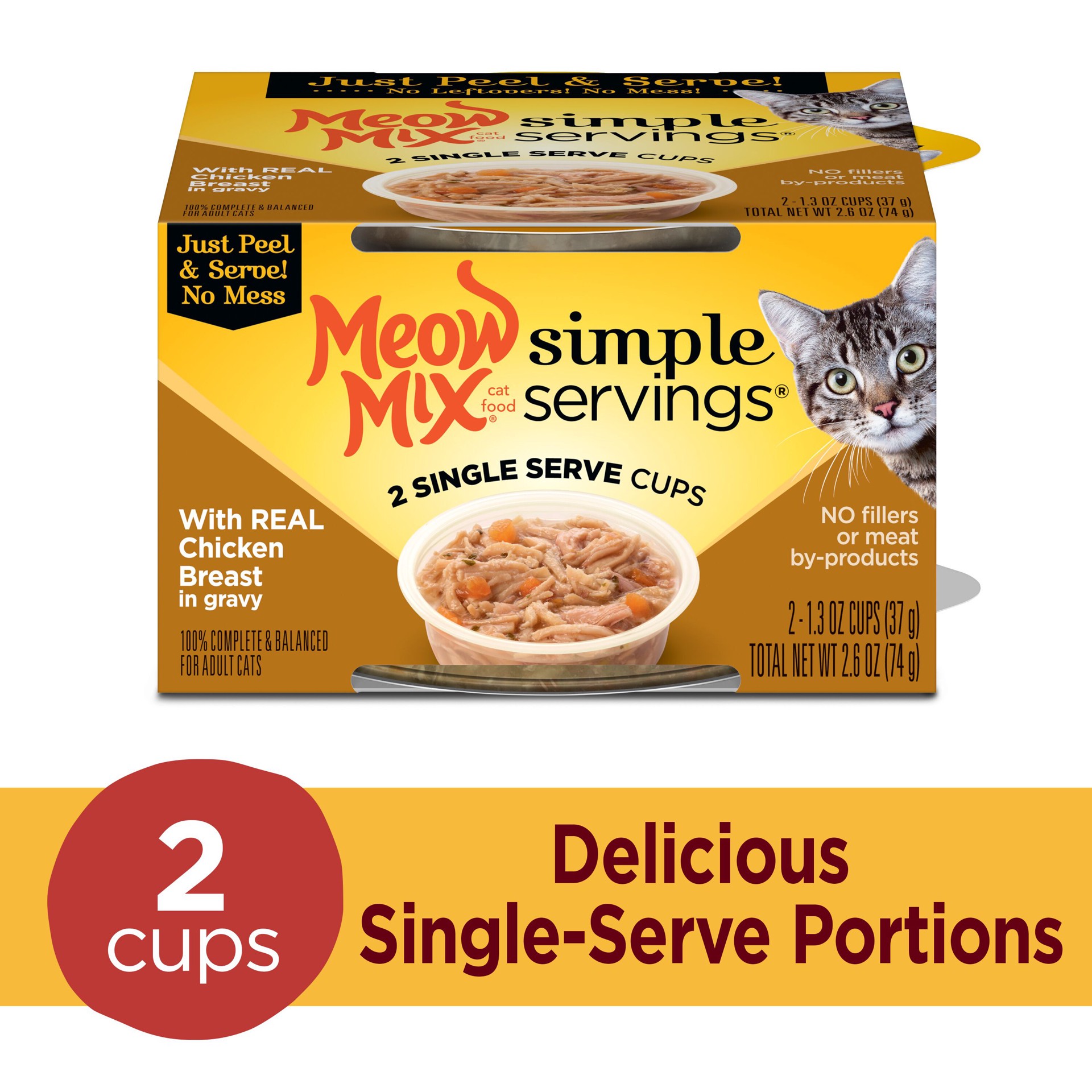slide 8 of 8, Meow Mix Simple Servings Wet Cat Food with REAL Chicken Breast in Gravy, 1.3oz Cups, 2 ct., 2.6 oz