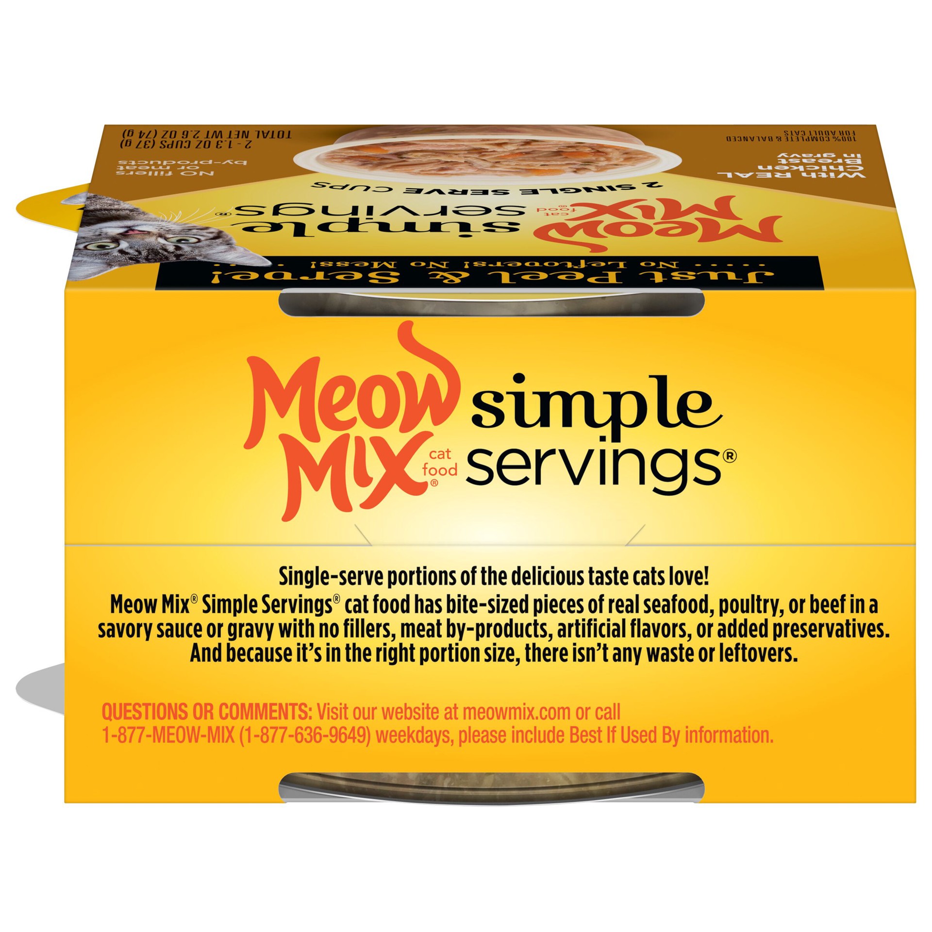 slide 2 of 8, Meow Mix Simple Servings Wet Cat Food with REAL Chicken Breast in Gravy, 1.3oz Cups, 2 ct., 2.6 oz