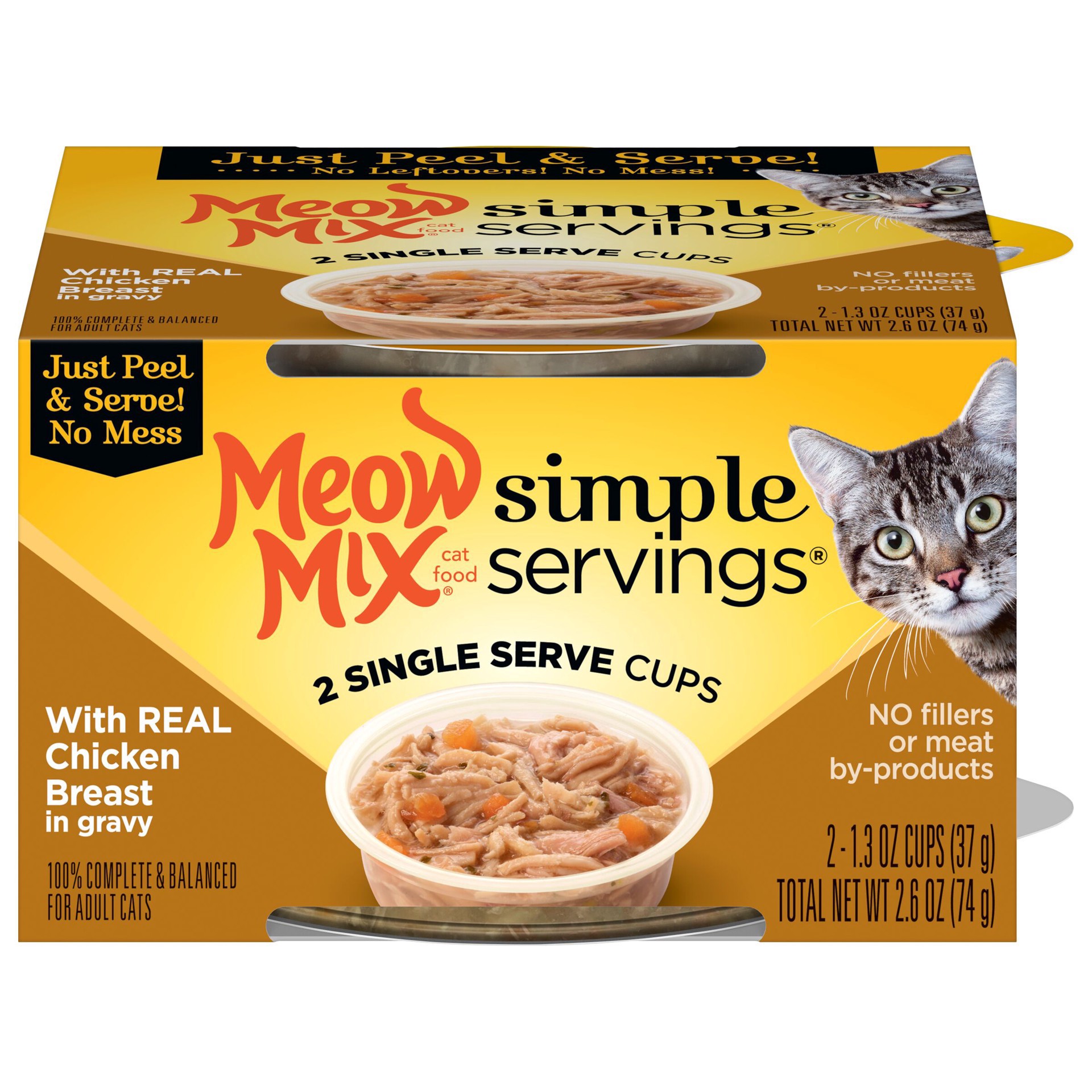 slide 1 of 8, Meow Mix Simple Servings Wet Cat Food with REAL Chicken Breast in Gravy, 1.3oz Cups, 2 ct., 2.6 oz