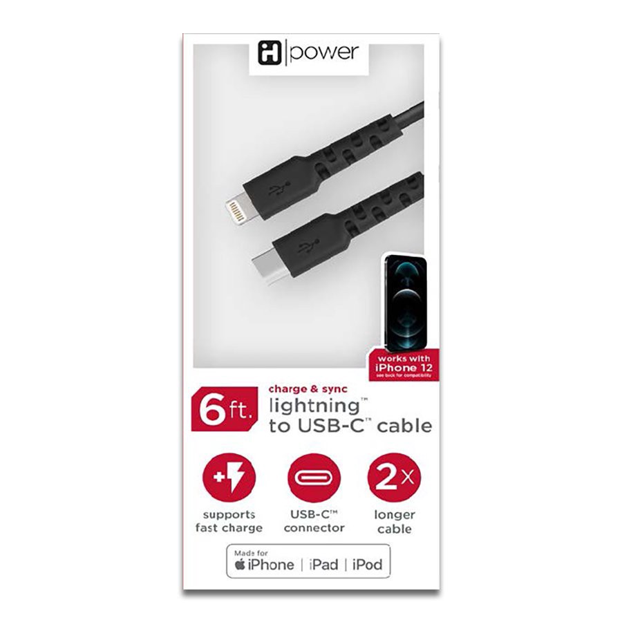slide 1 of 1, iHome Lightning to USB-C Charging Cable - Black, 6 ft