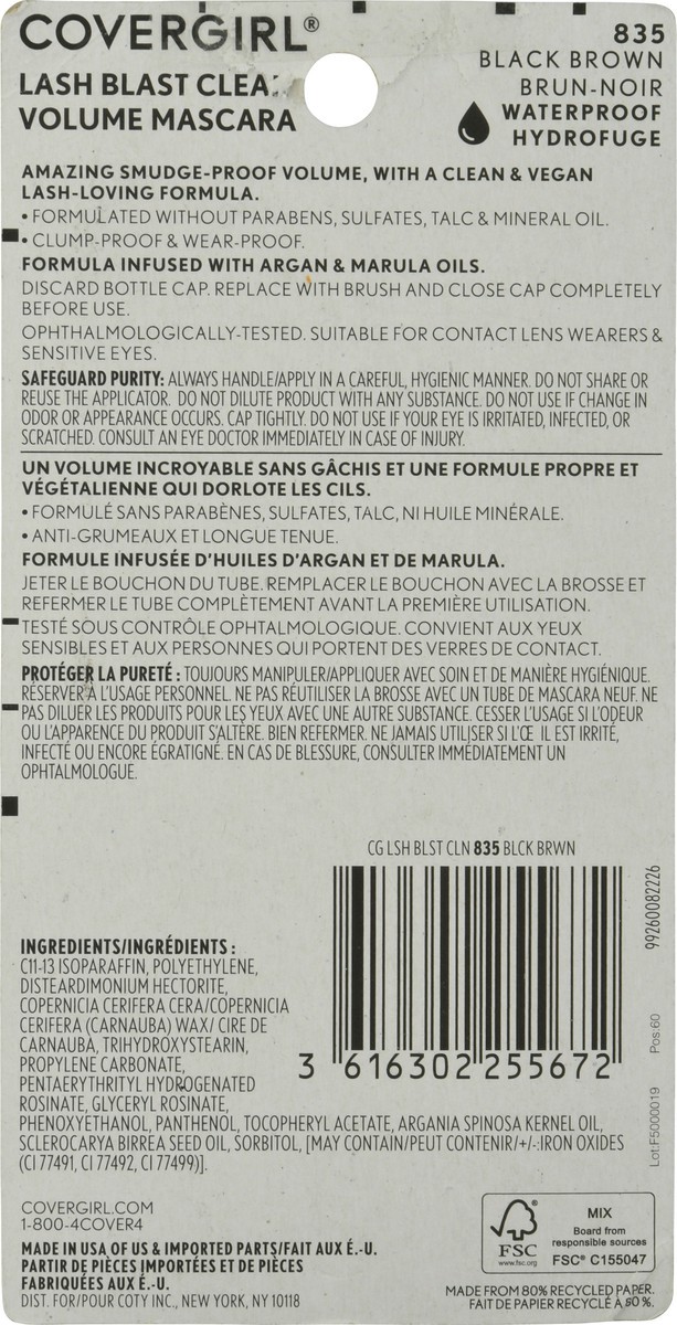 slide 3 of 10, Covergirl Lash Blast Clean Waterproof Mascara, Black Brown, 1 ct