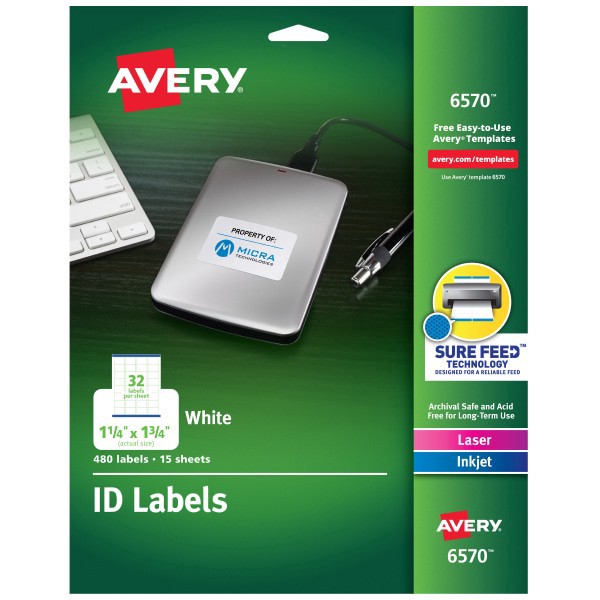 slide 1 of 8, Avery Multipurpose Id Labels, 6570, Rectangular, White, 480 ct; 1 1/4 in x 1 3/4 in