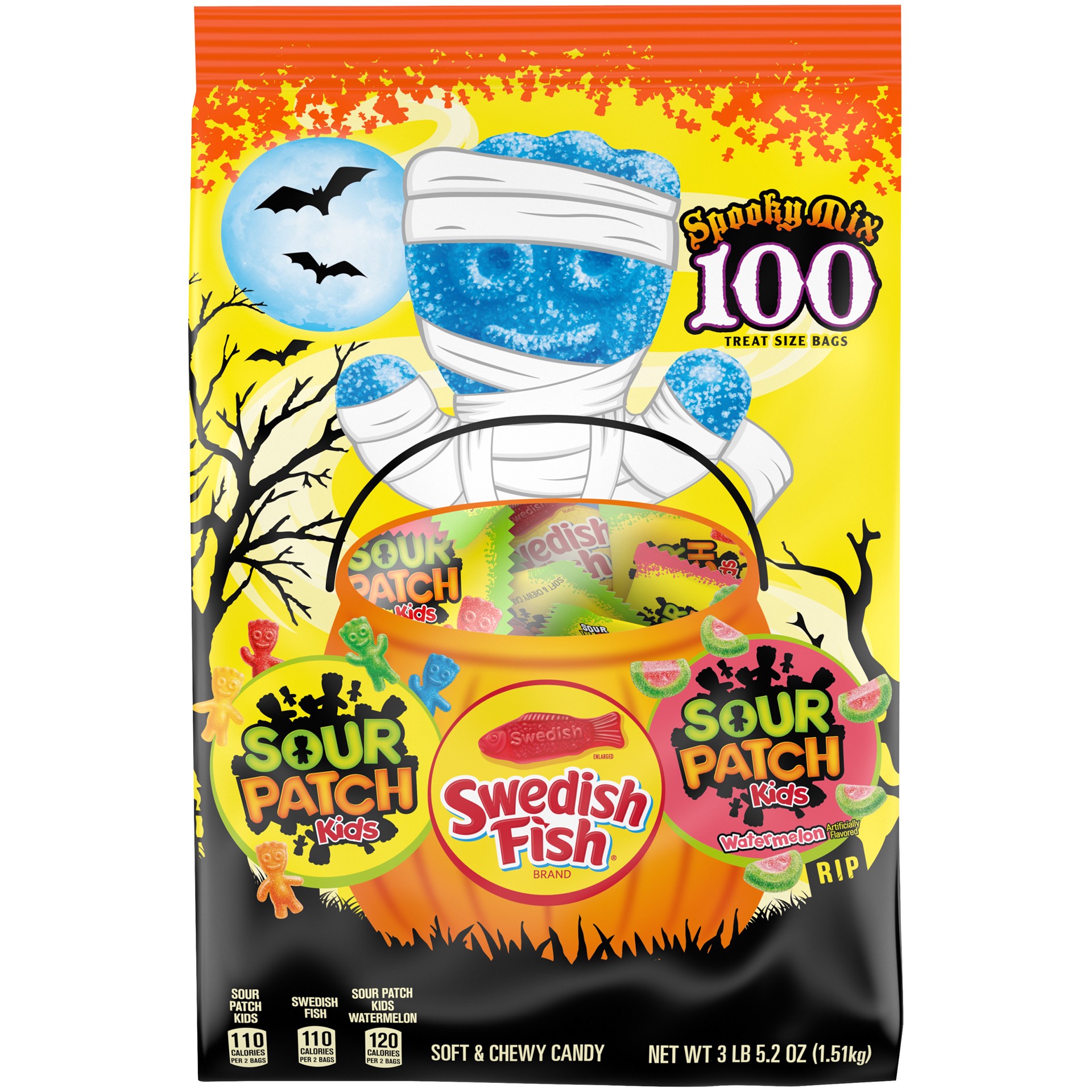 slide 1 of 8, Sour Patch/Swedish Fish Red SOUR PATCH KIDS Candy (Original and Watermelon) and SWEDISH FISH Candy Halloween Candy Variety Pack, 100 Trick or Treat Snack Packs, 3.45 lb