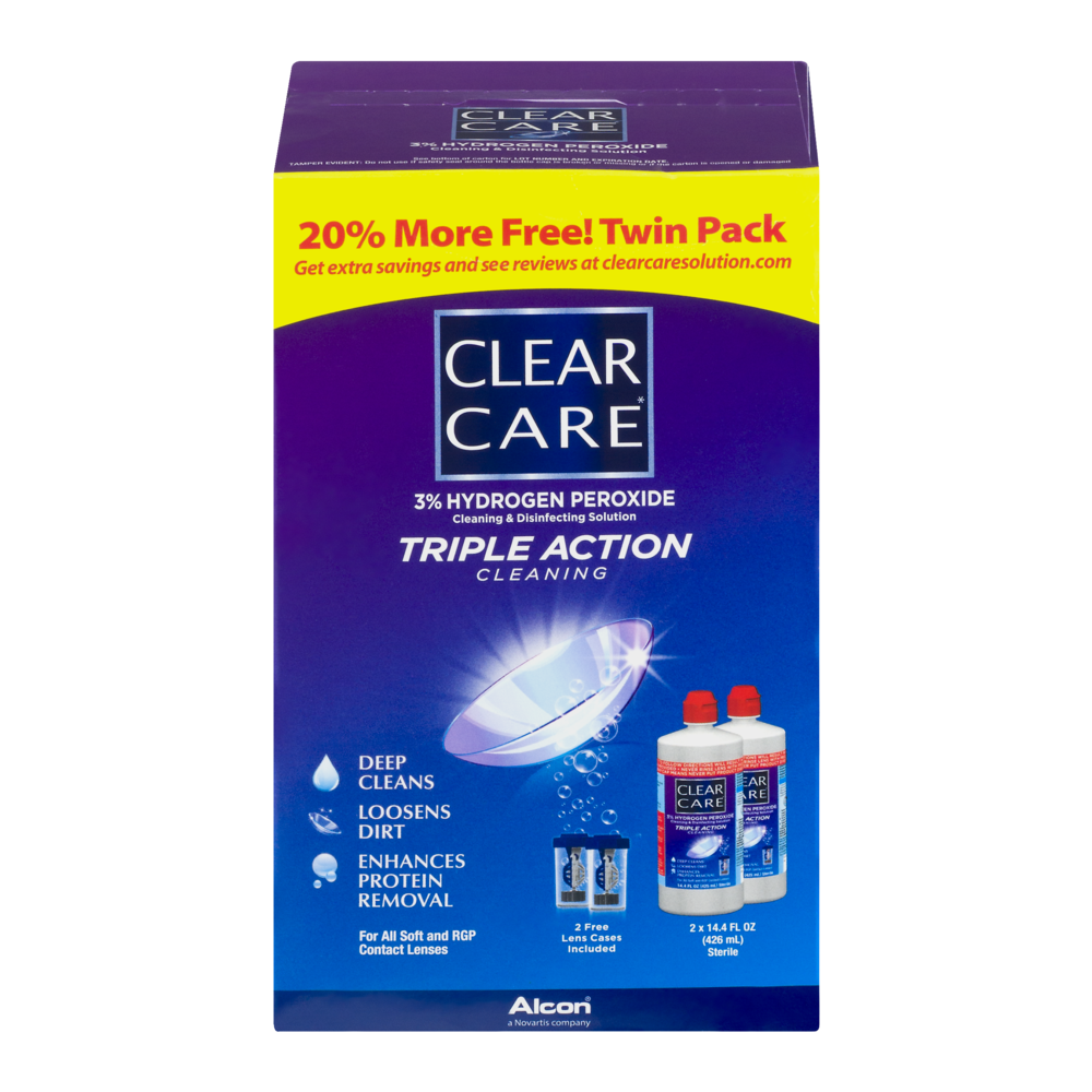 slide 1 of 1, Alcon Clear Care Cleaning & Disinfecting Solution Triple Action Cleaning Twin Pack, 20 oz