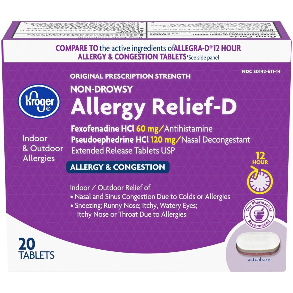 slide 1 of 1, Kroger Non-Drowsy Allergy Relief-D Tablets, 20 ct
