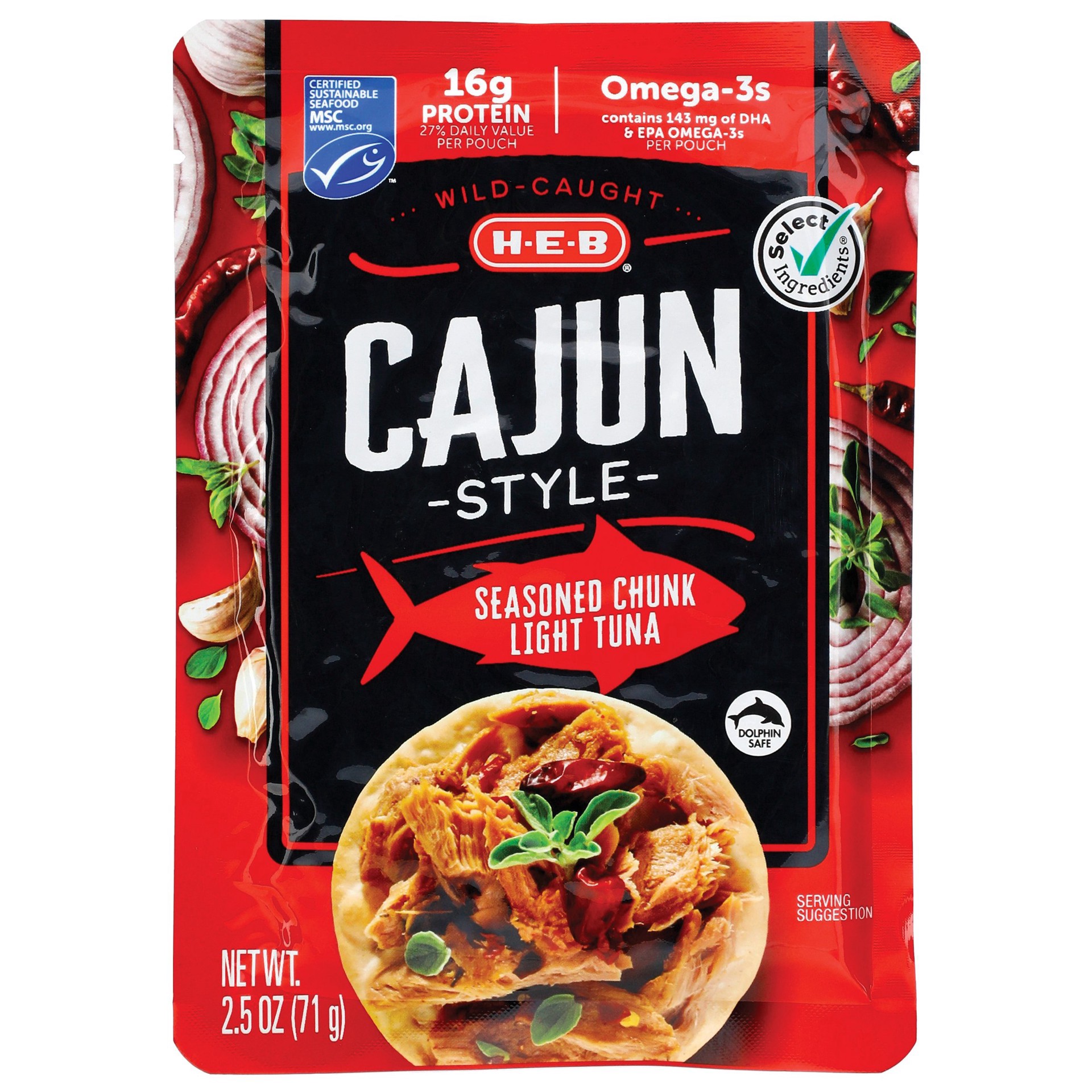 slide 1 of 1, H-E-B Select Ingredients Cajun Style Chunk Light Tuna Pouch, 2.5 oz