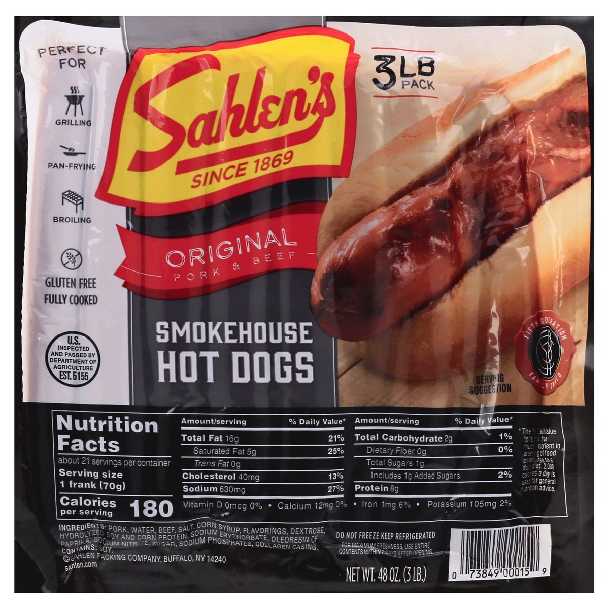 slide 1 of 13, Sahlen's Original Pork & Beef Smokehouse Hot Dogs 48 oz, 48 oz