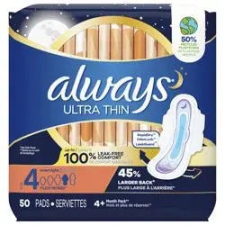 Always Ultra Thin Overnight Pads with Flexi-Wings, Size 4, Overnight, Unscented, 50 CT