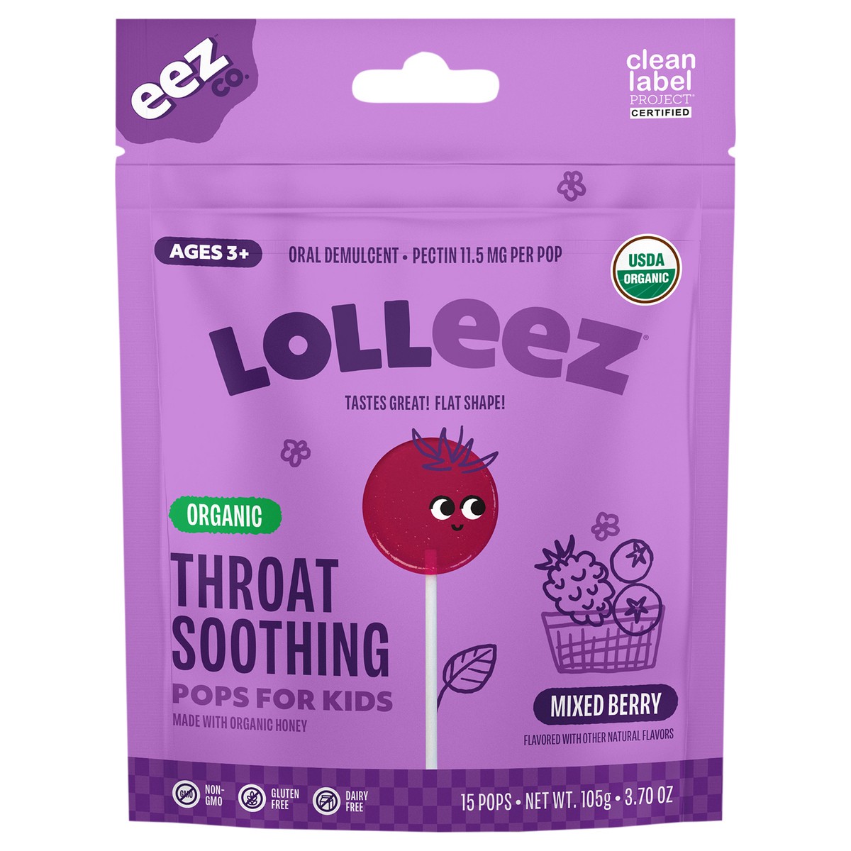 slide 1 of 13, EEZ Co. Lolleez Organic Throat Soothing Pops for Kids, Mixed Berry with Elderberry, 15ct, 1 ct