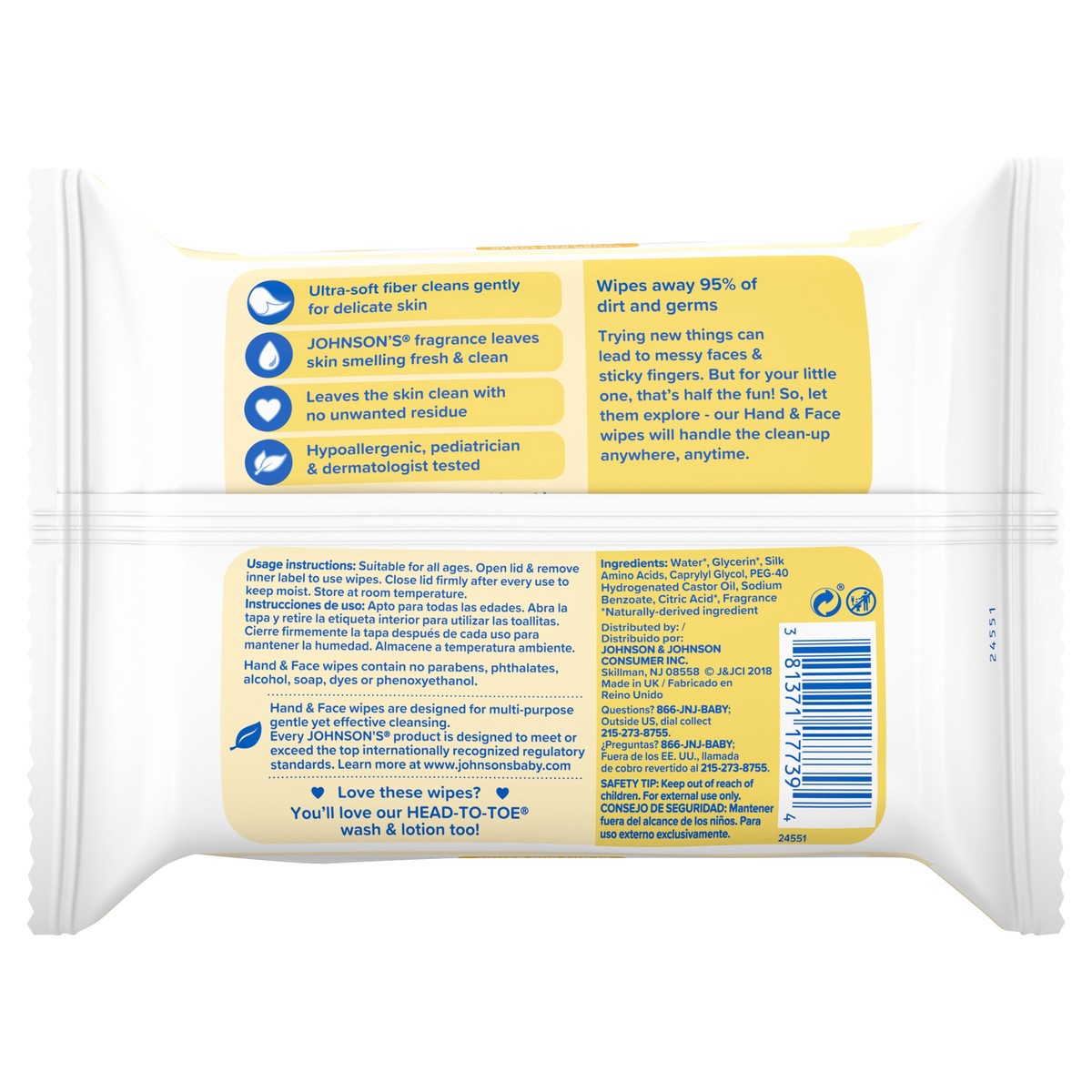 slide 4 of 6, Johnson's Baby Disposable Hand & Face Cleansing Wipes, Pre-Moistened Wipes Gently Remove 99% of Germs & Dirt from Delicate Skin, Paraben-, Phthalate- & Alcohol-Free, Hypoallergenic, 25 ct, 25 ct