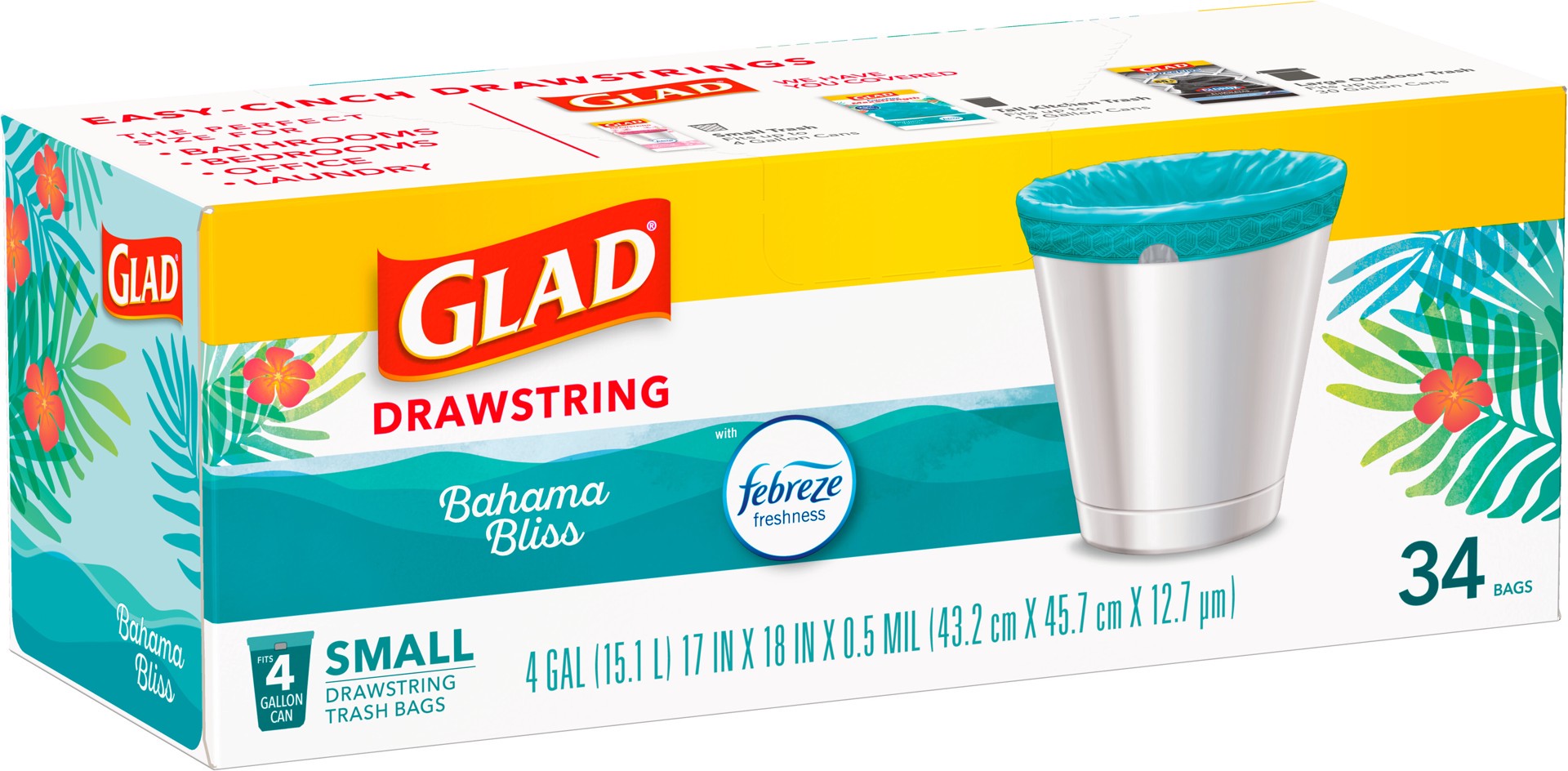 slide 3 of 5, Glad Odorshield Small Drawstring Trash Bags, 4 Gallon, Teal, Febreze Bahama Bliss, 34 Count, 34 ct