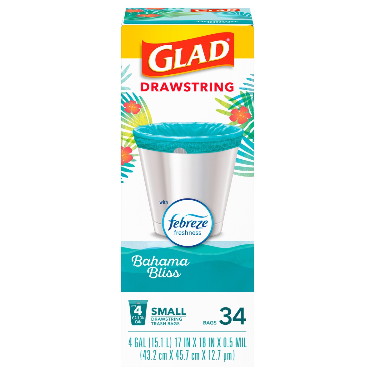 slide 1 of 5, Glad Odorshield Small Drawstring Trash Bags, 4 gallon, Teal, Febreze Bahama Bliss, 34 count, 34 ct