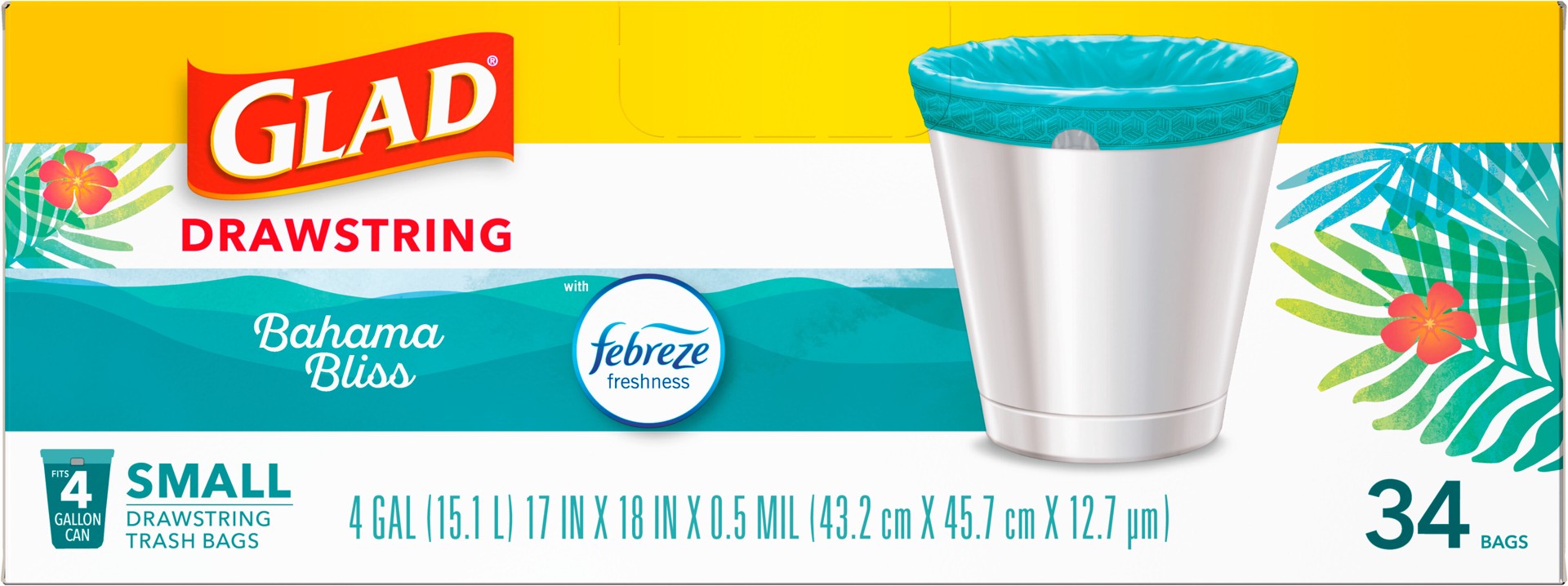 slide 5 of 5, Glad Odorshield Small Drawstring Trash Bags, 4 Gallon, Teal, Febreze Bahama Bliss, 34 Count, 34 ct