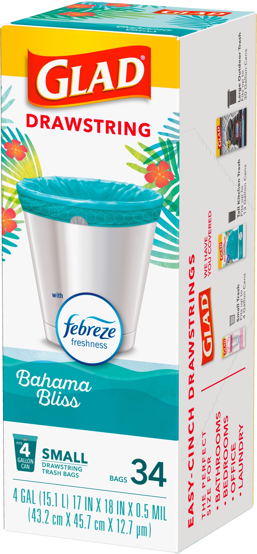 slide 2 of 5, Glad Odorshield Small Drawstring Trash Bags, 4 Gallon, Teal, Febreze Bahama Bliss, 34 Count, 34 ct