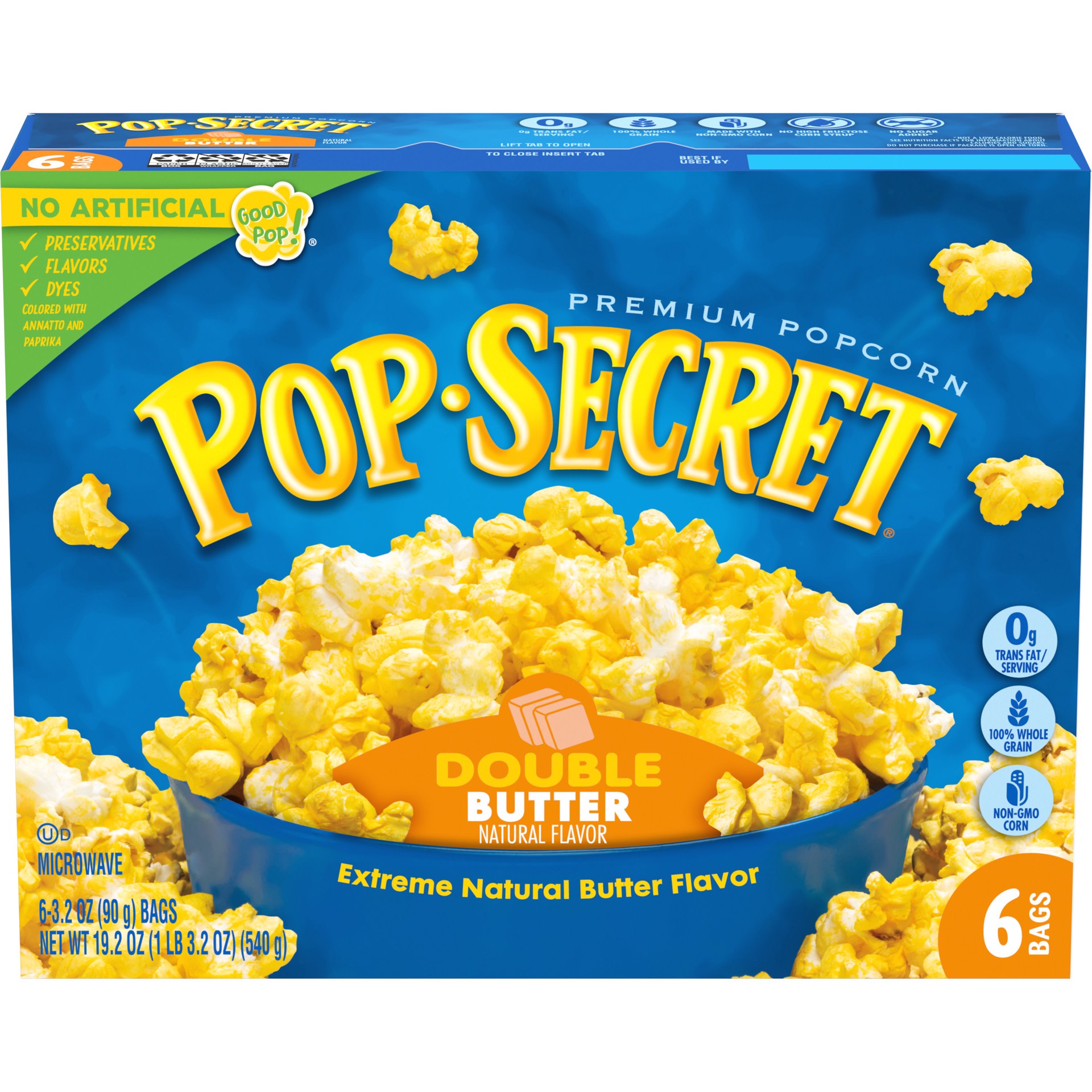 slide 1 of 5, Pop-Secret Microwave Popcorn, Double Butter Flavor, 3.2 Oz Sharing Bags, 6 Ct, 19.2 oz