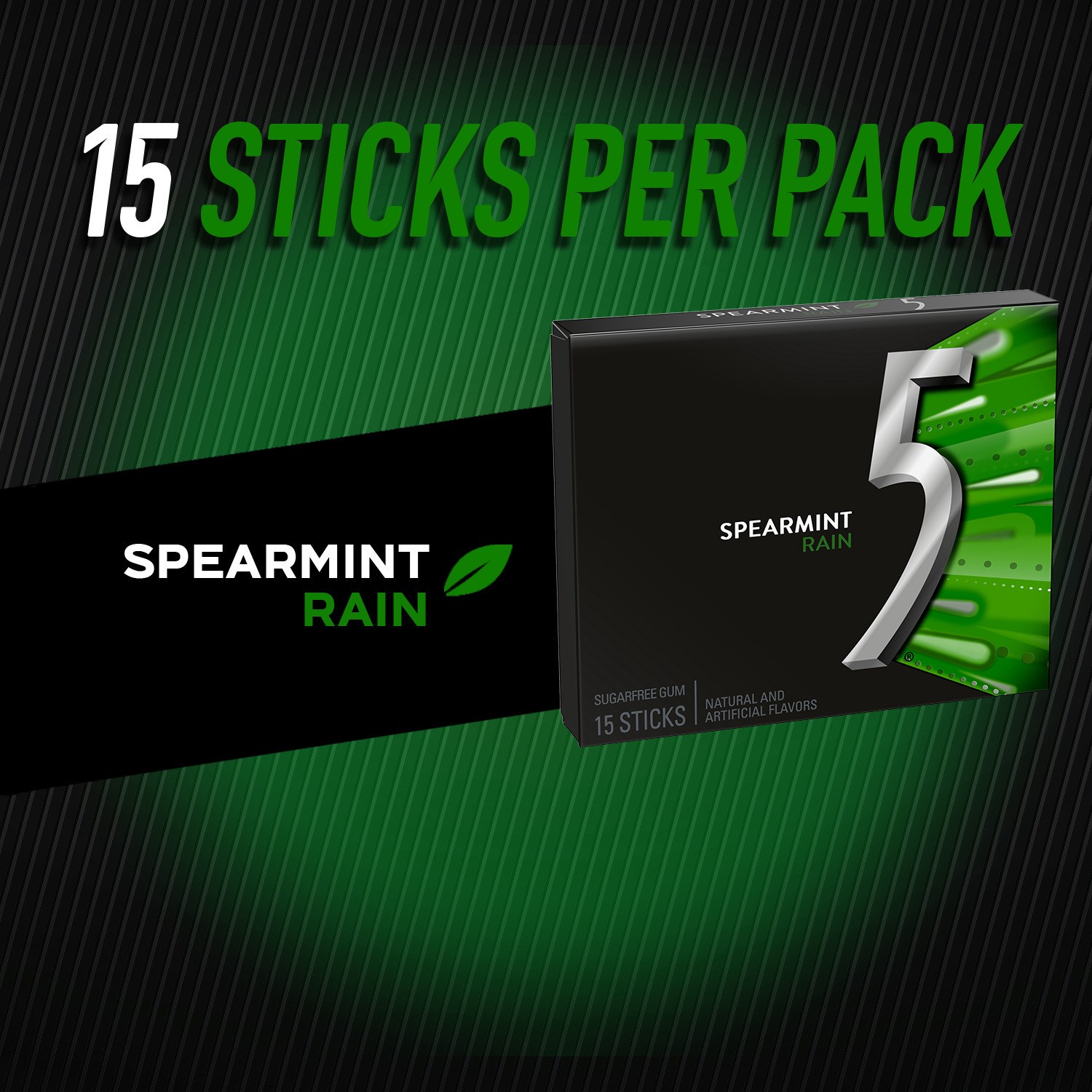 slide 2 of 8, 5 GUM Spearmint Rain Sugar Free Chewing Gum, 15 Sticks, 15 pc
