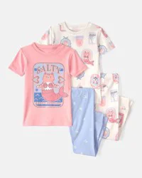 Carters Toddler Girl Mermaid Cat 100% Cotton Snug Fit 4-Piece Pajama Set - Pink/Ivory Multi 4T