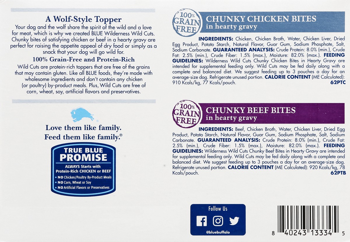 slide 8 of 9, Blue Buffalo Blue Wilderness Trail Toppers Wild Cuts Variety Pack Chicken and Beef, 12 ct